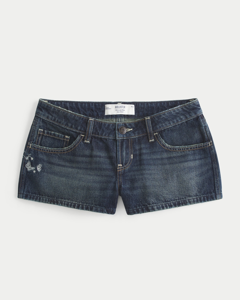 Ultra Low-Rise Dark Wash Butterfly Embroidered Denim Mini Shorts