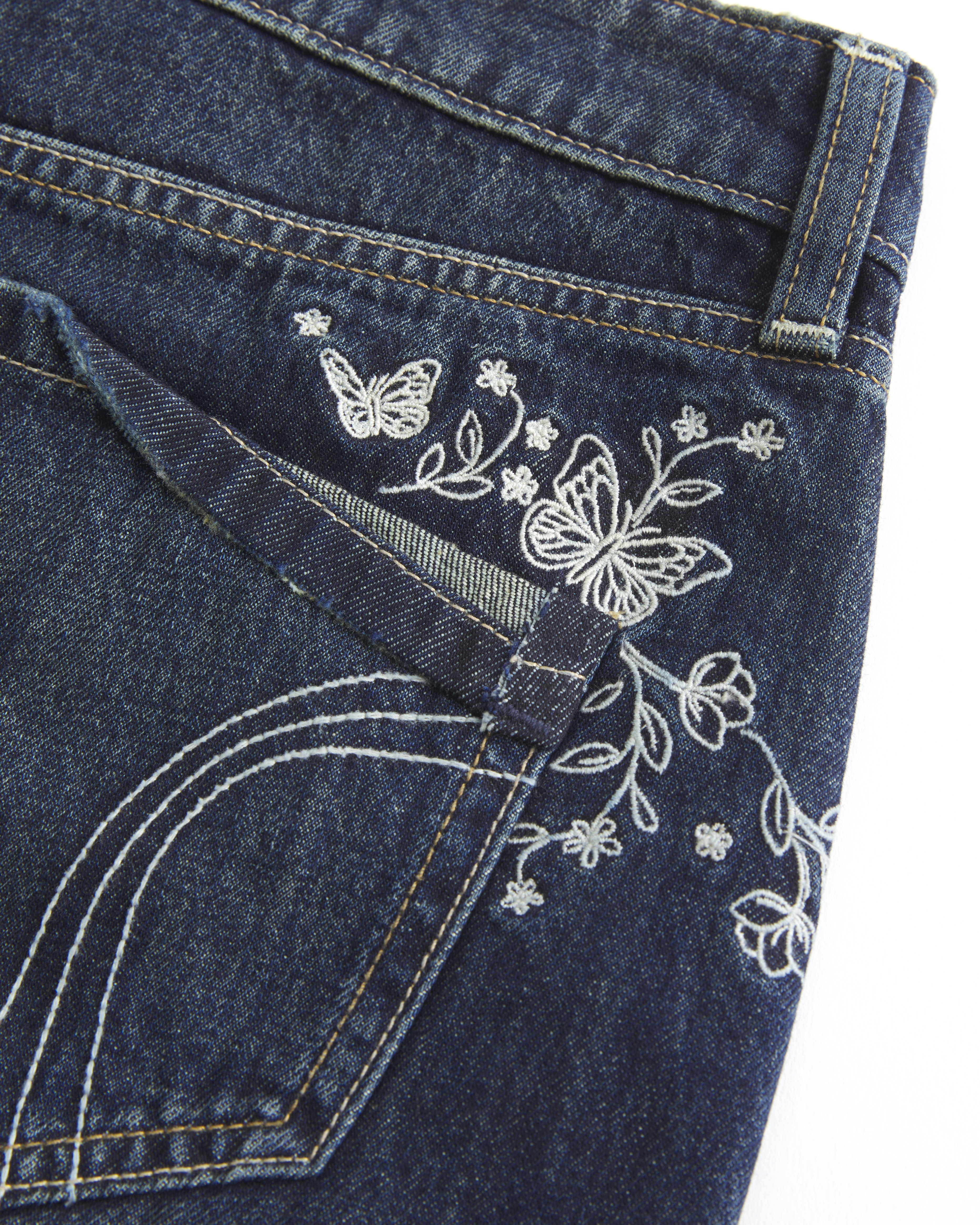 Hollister Ultra Low-rise Dark Wash Butterfly Embroidered Denim Mini Shorts