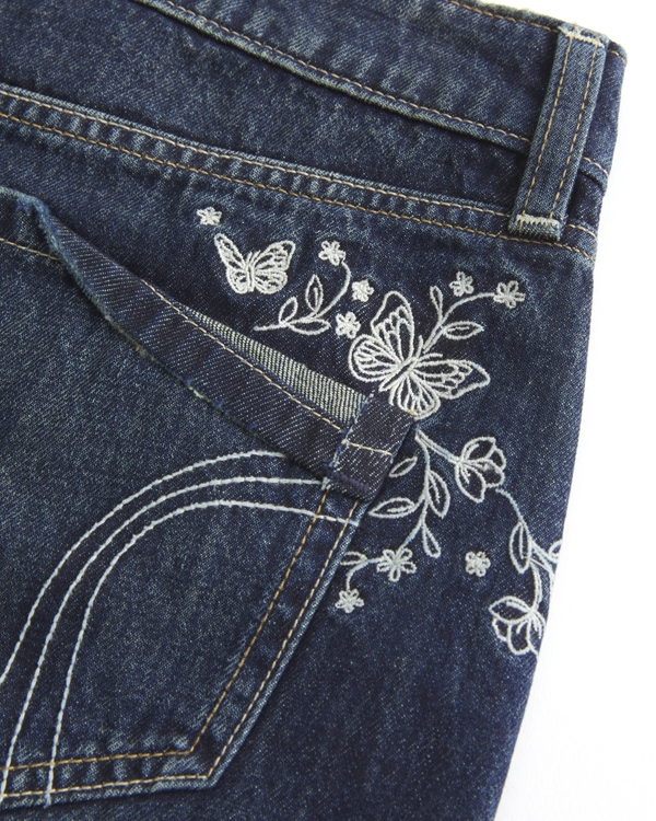Ultra Low-Rise Dark Wash Butterfly Embroidered Denim Mini Shorts
