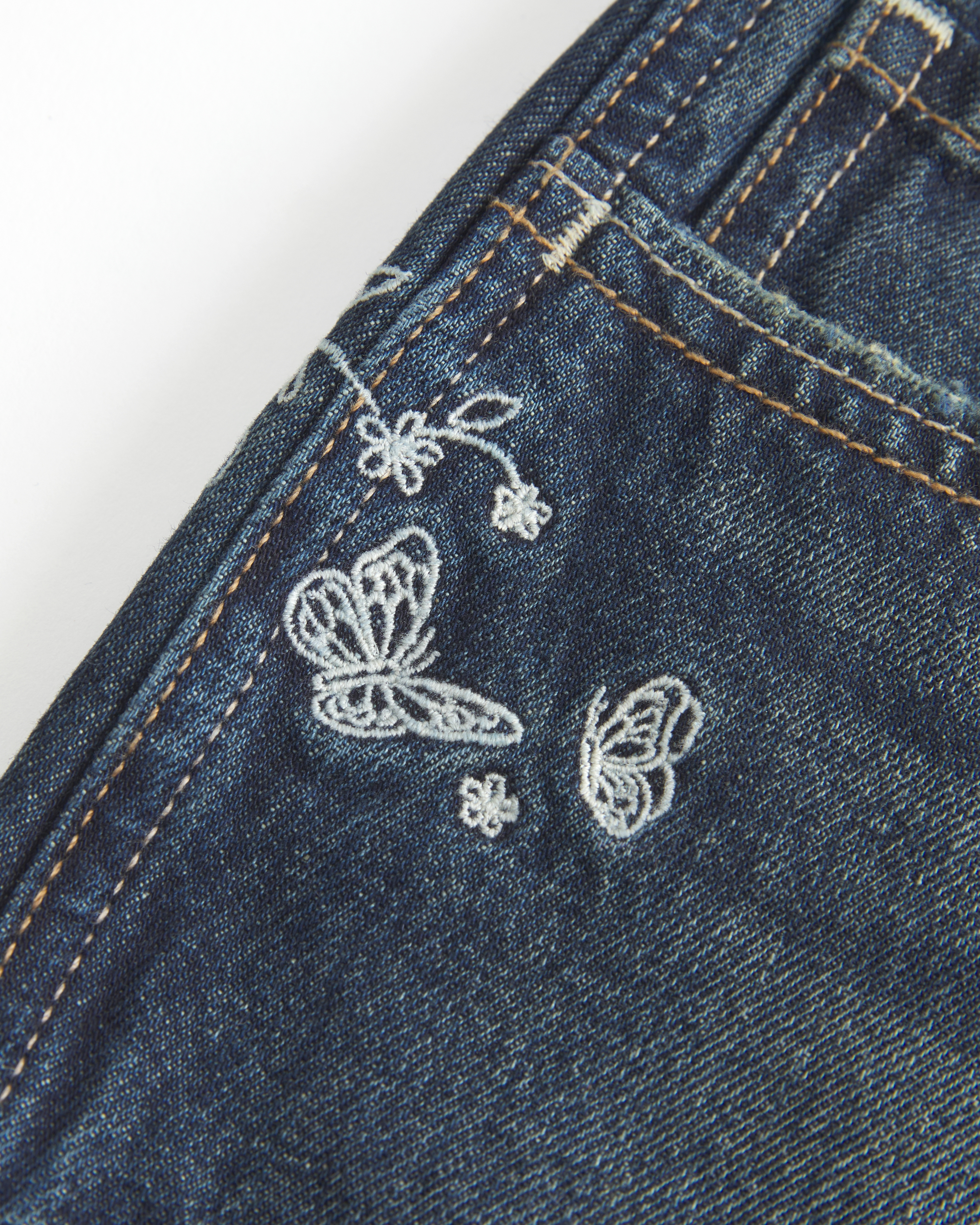 Hollister Ultra Low-rise Dark Wash Butterfly Embroidered Denim Mini Shorts