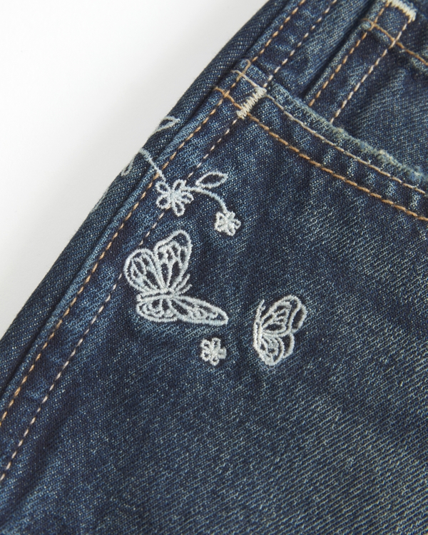 Ultra Low-Rise Dark Wash Butterfly Embroidered Denim Mini Shorts