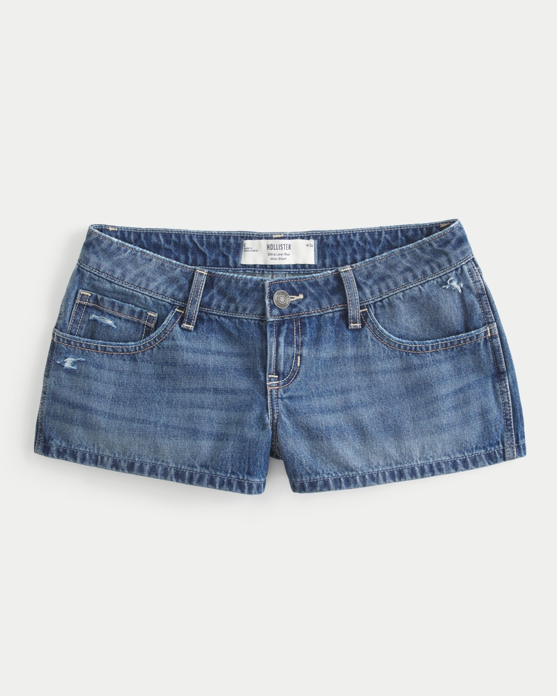 Ultra Low-Rise Distressed Medium Wash Denim Mini Shorts