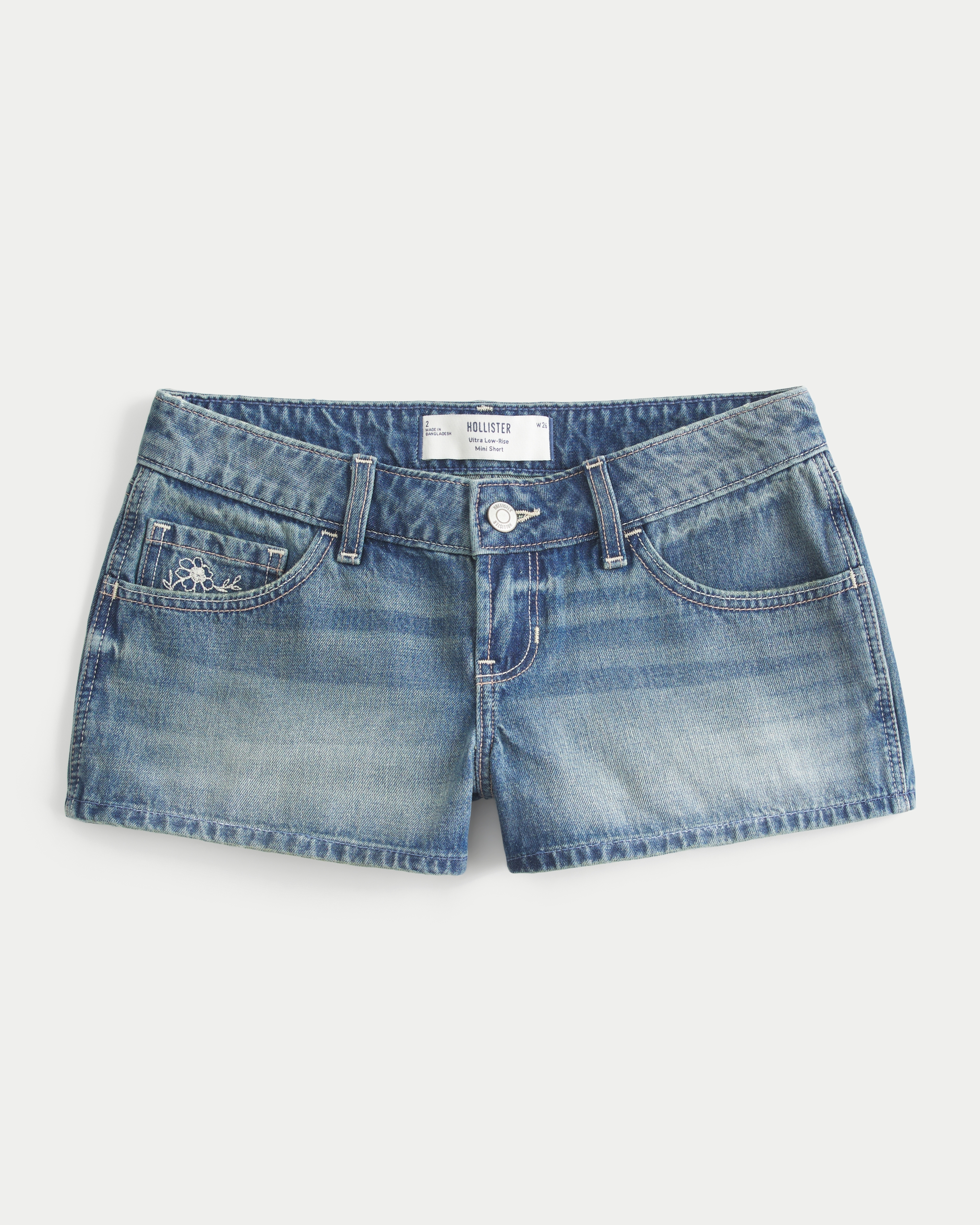 Ultra Low-Rise Medium Wash Floral Embroidered Denim Mini Shorts