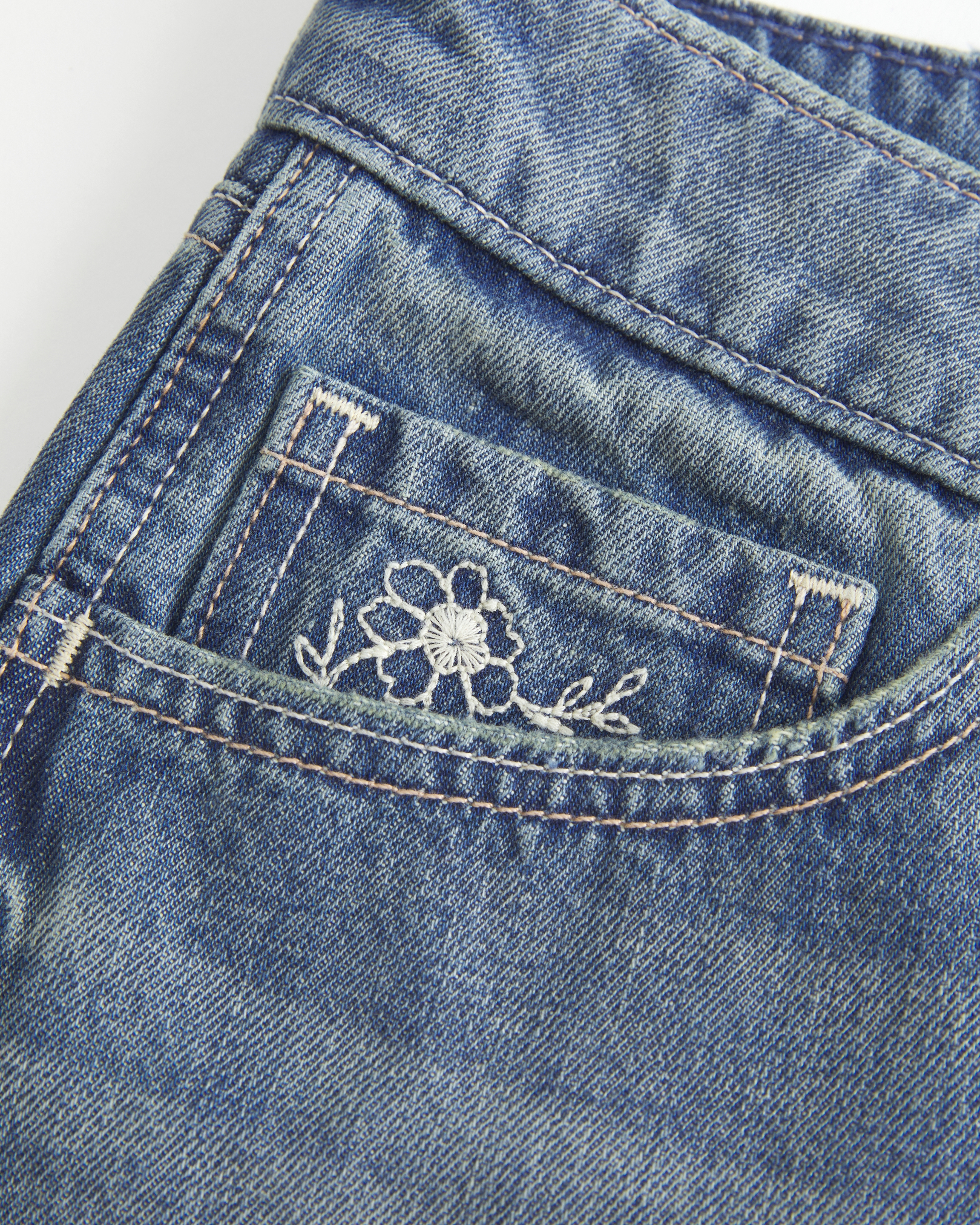 Ultra Low-Rise Medium Wash Floral Embroidered Denim Mini Shorts