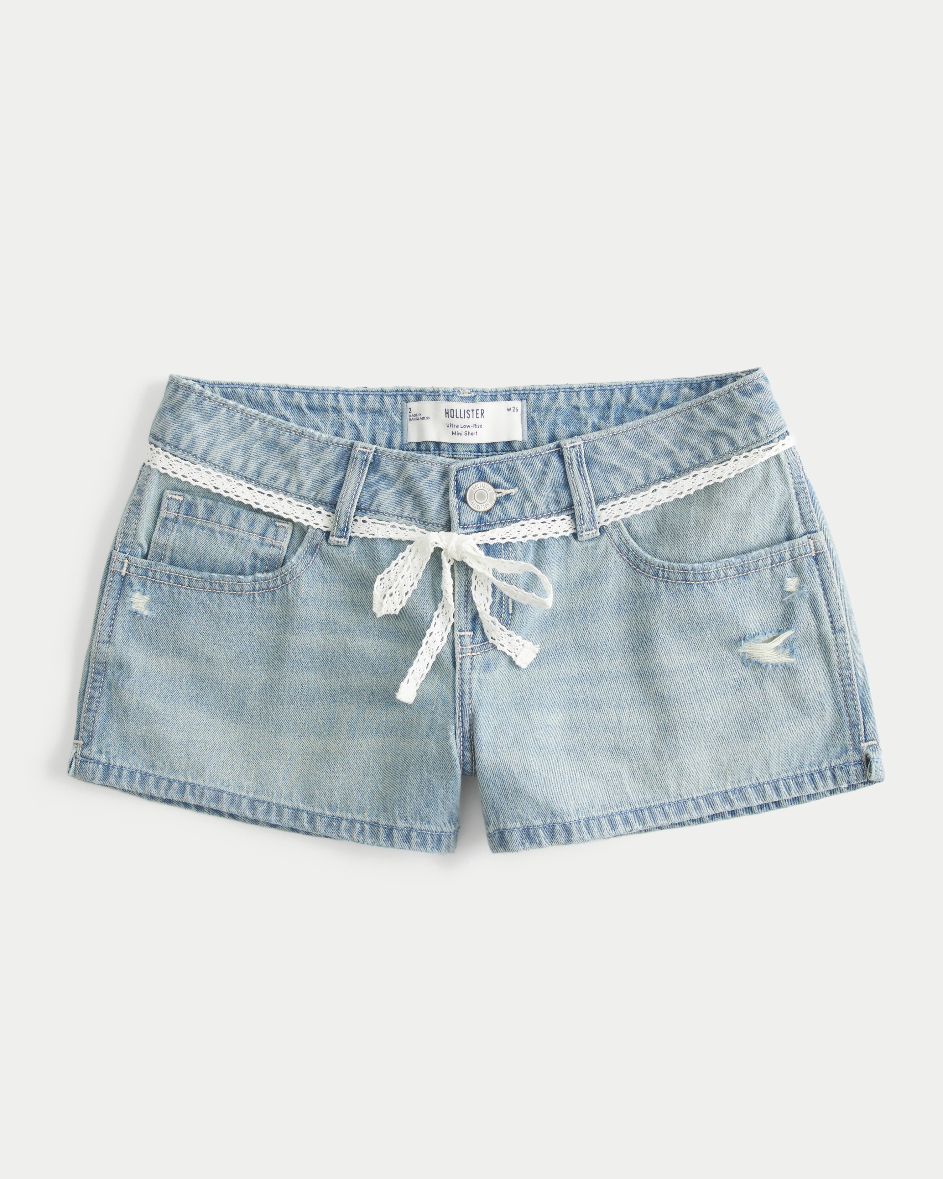 Ultra Low-Rise Light Wash Lace Tie Denim Mini Shorts