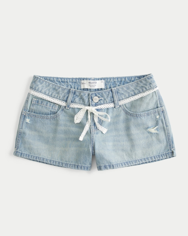 Women's Ultra Low-Rise Light Wash Lace Tie Denim Mini Shorts