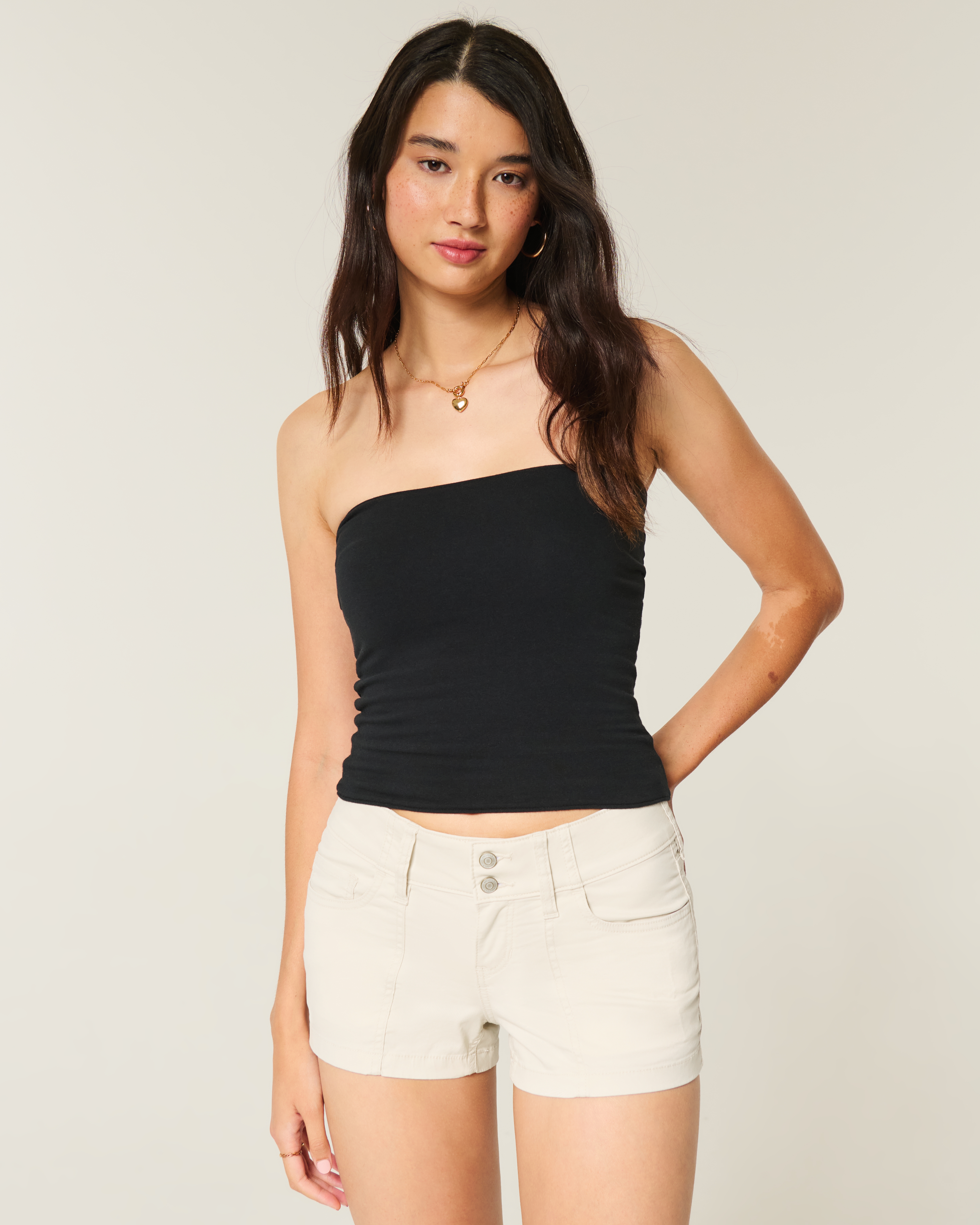 Low-Rise Floral Back Pocket Twill Shortie Shorts