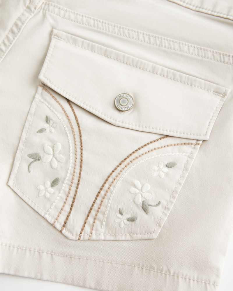 Low-Rise Floral Back Pocket Twill Shortie Shorts