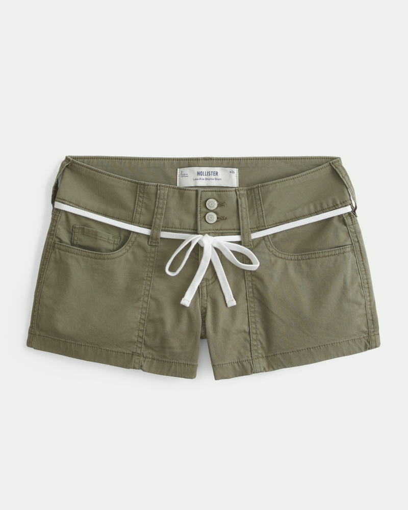 Low-Rise Shoelace Waist Twill Shortie Shorts