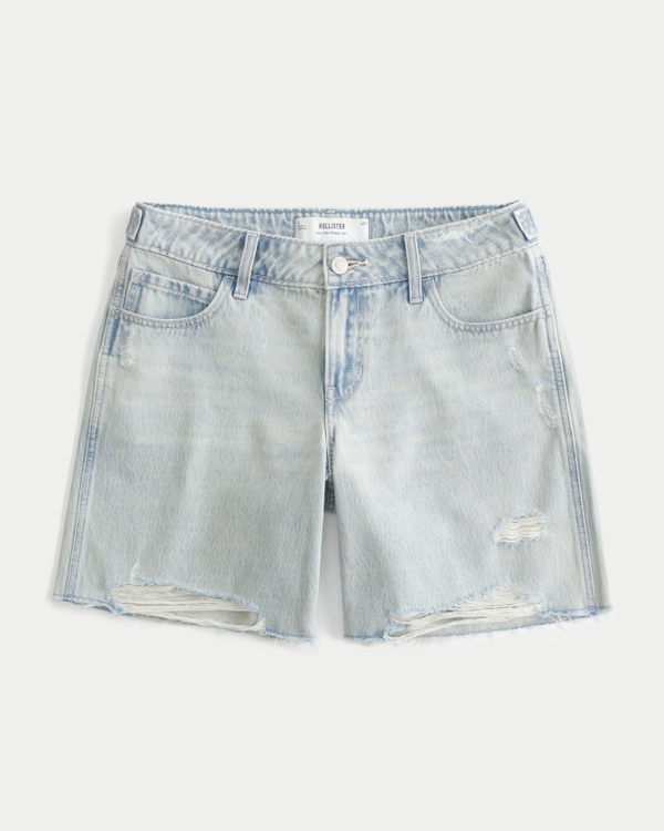 Low-Rise Light Wash Adjustable Waistband Baggy Jort, Light Ripped view 1