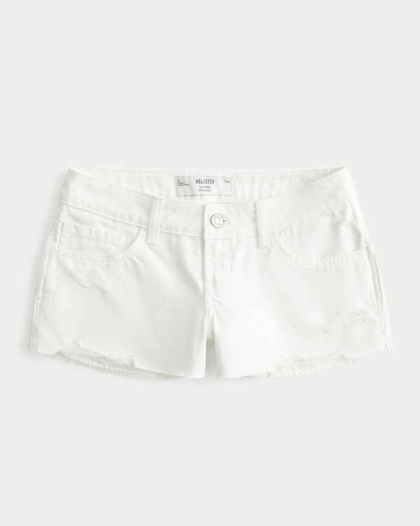 Low-Rise Distressed White Denim Mini Shorts, White view 1