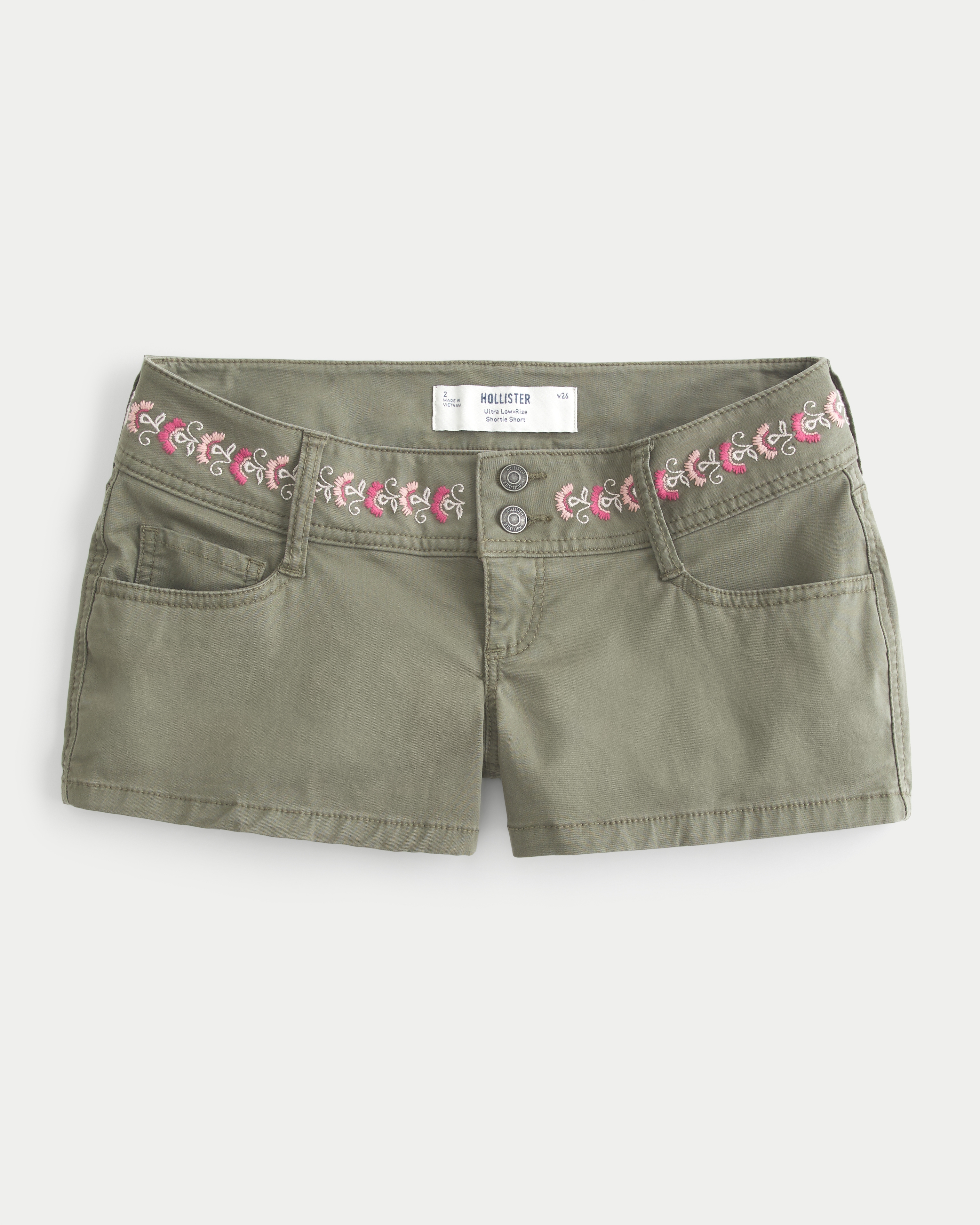 Ultra Low-Rise Twill Embroidered Waistband Shortie Shorts