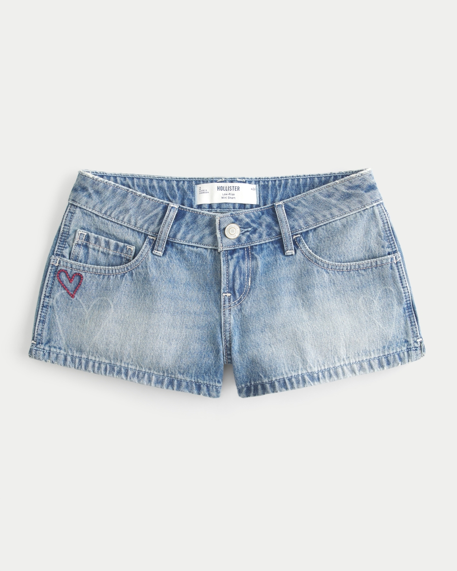 Low Rise Light Wash Pink Tie Embroidered Denim Mini