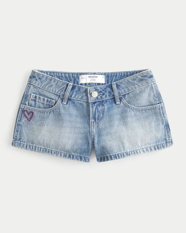 Women's Low-Rise Medium Wash Heart Graphic Denim Mini Shorts
