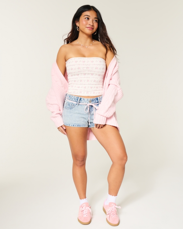 Low-Rise Light Wash Pink Tie Embroidered Denim Mini Shorts, Light view 2