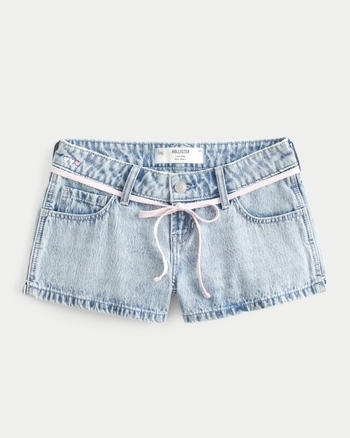 Women's Low-Rise Light Wash Pink Tie Embroidered Denim Mini Shorts | Women's Clearance | HollisterCo.com