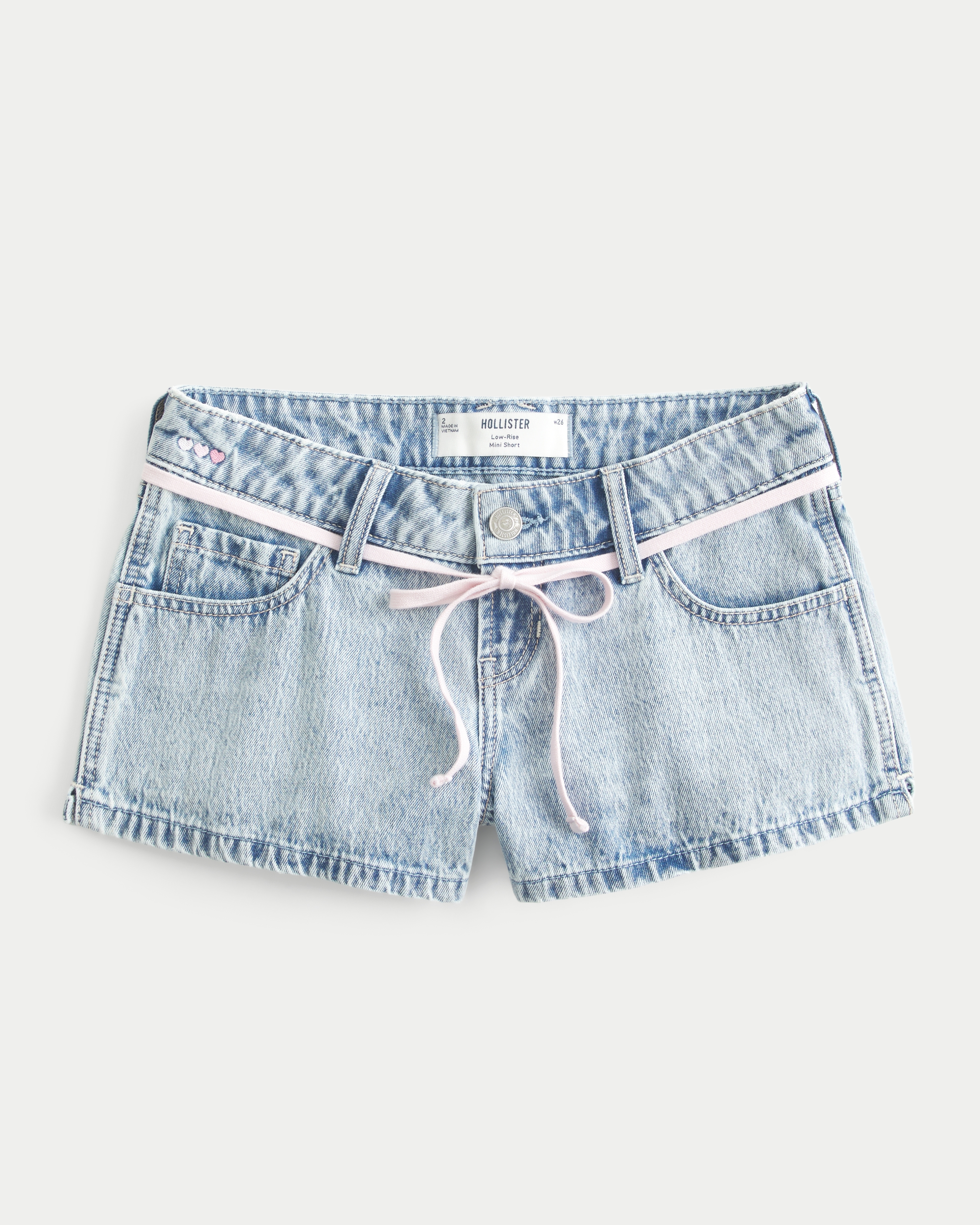 Low-Rise Light Wash Pink Tie Embroidered Denim Mini Shorts