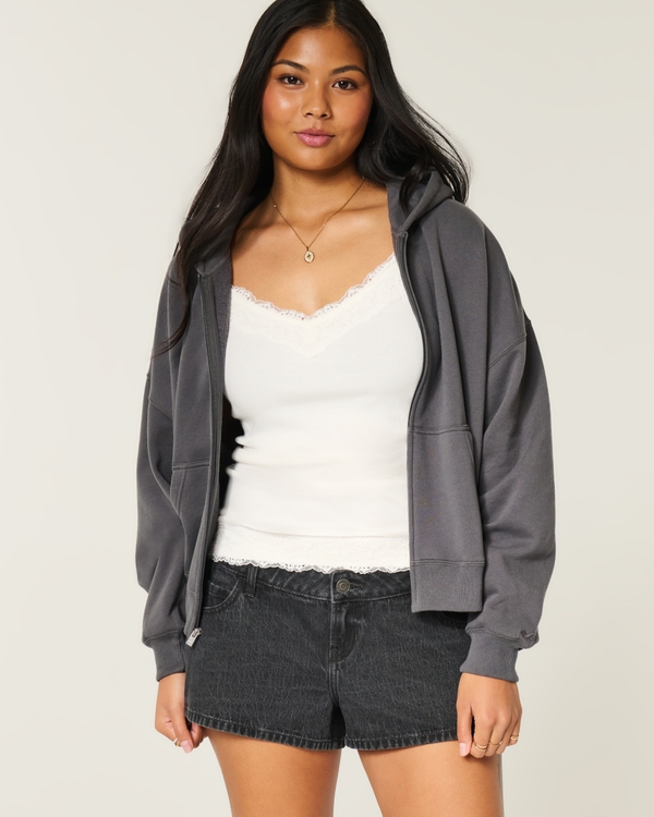 Low-Rise Black Denim Mini Shorts, Black view 1