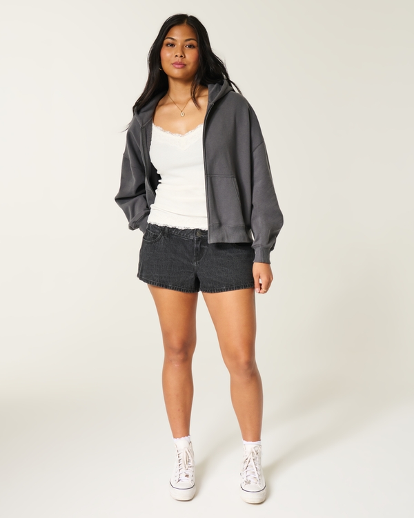 Low-Rise Black Denim Mini Shorts, Black view 2