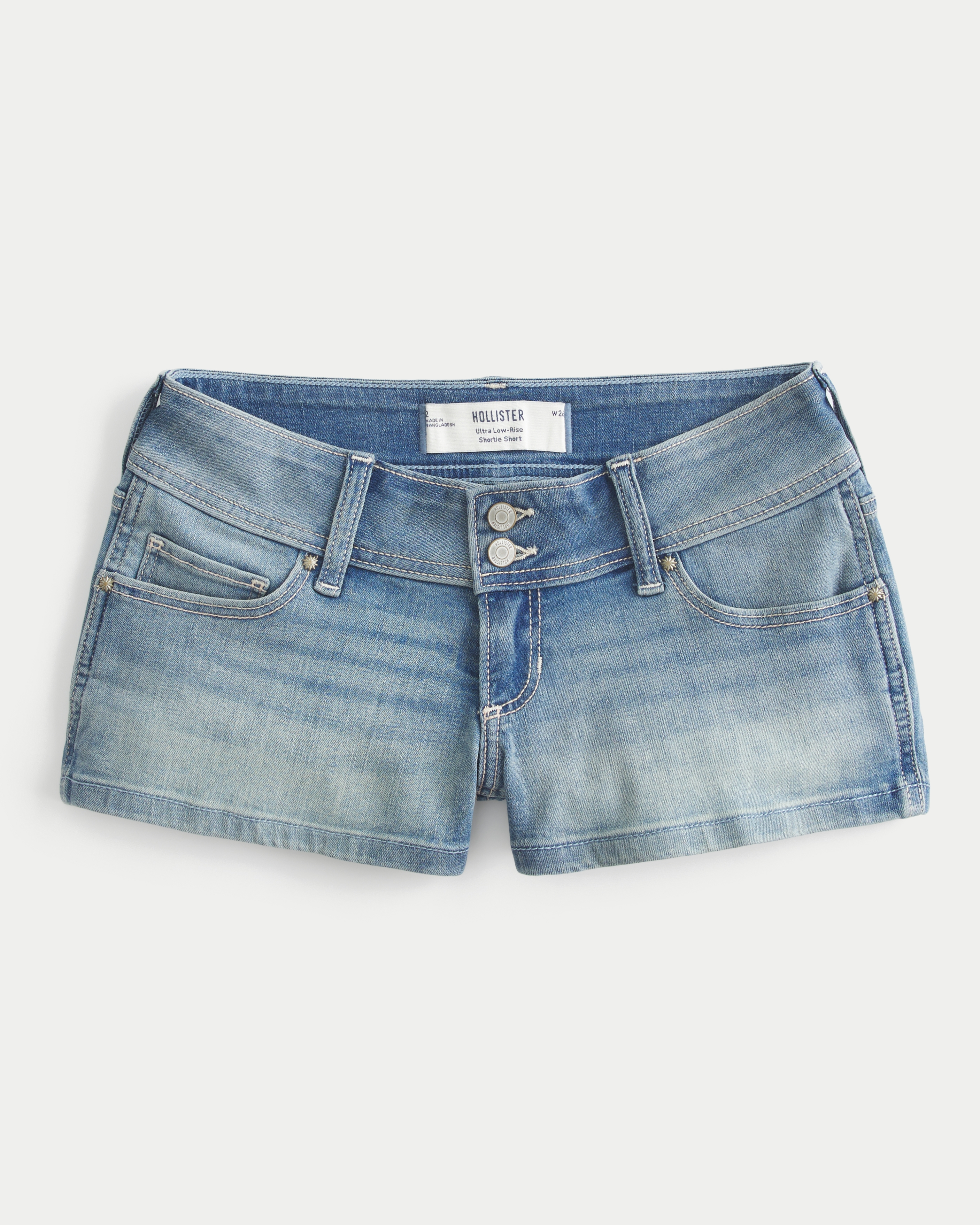 Ultra Low-Rise Medium Wash Denim Shortie Shorts