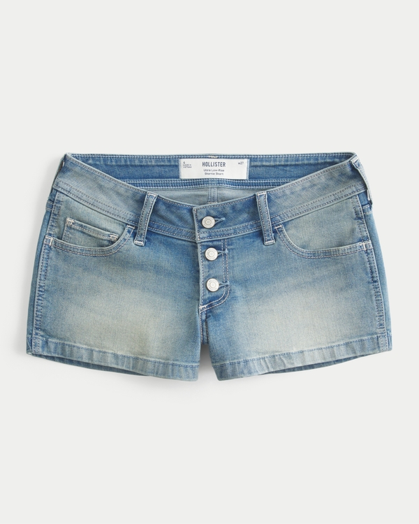 Ultra Low-Rise Medium Wash Denim Shortie Shorts, Medium view 1