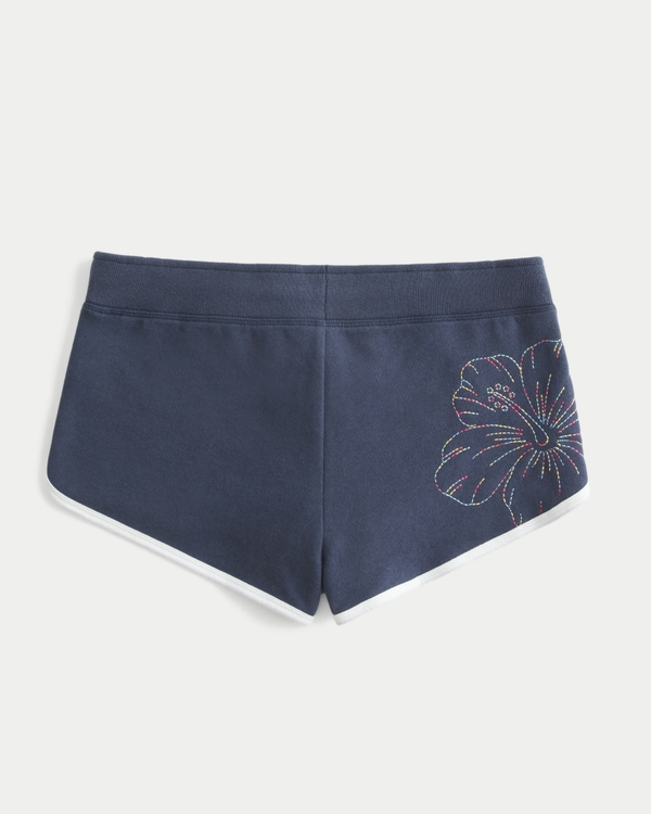 Embroidered Hibiscus Graphic Fleece Shortie Shorts, Navy Blue view 1
