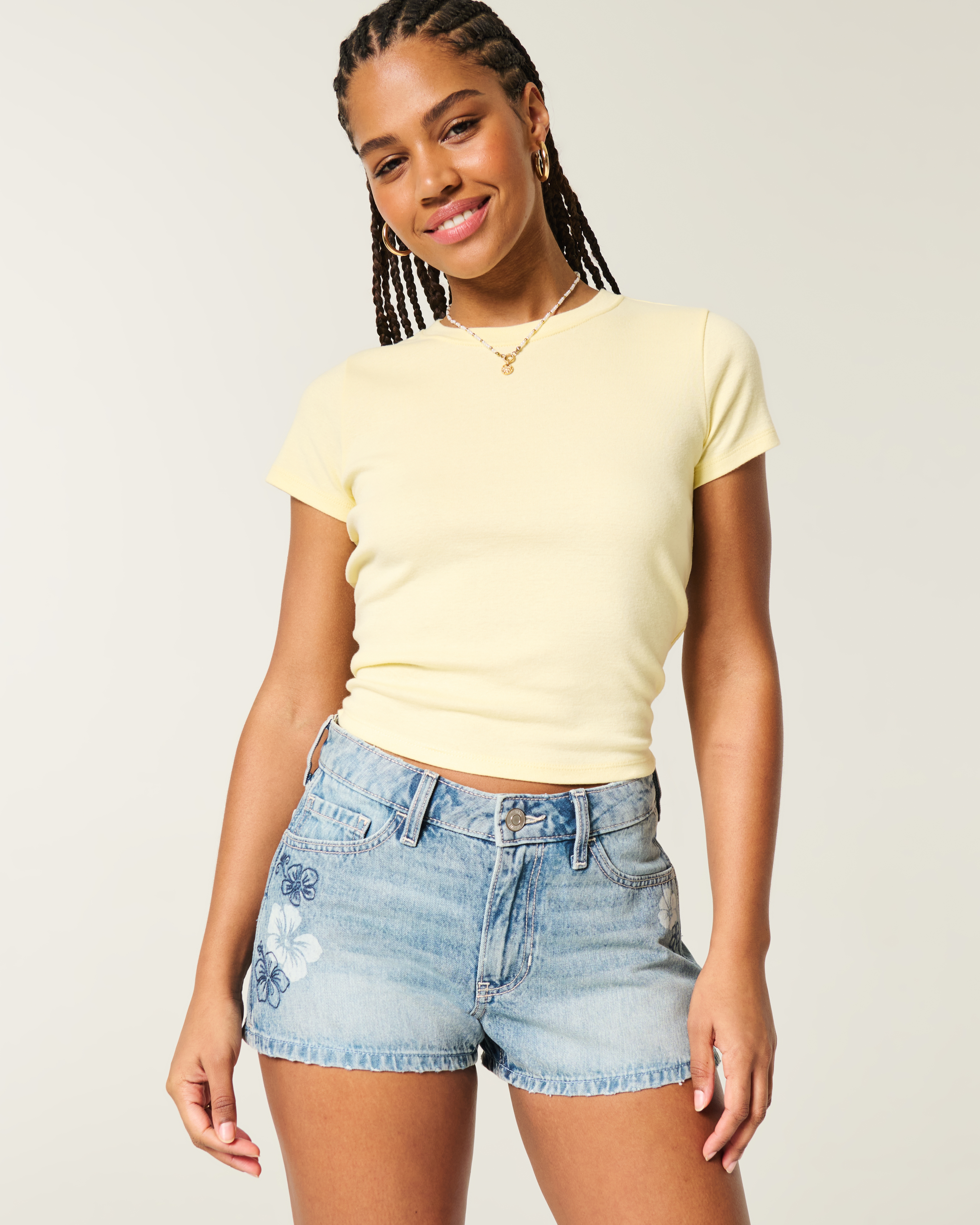 Curvy High-Rise Hibiscus Graphic Denim A-Line Shorts