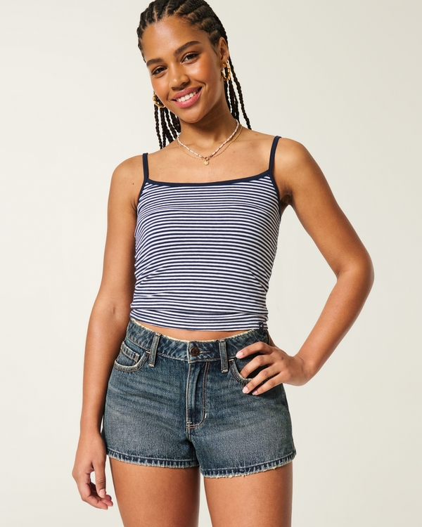 Curvy High-Rise Dark Wash Denim A-Line Shorts, Dark view 1