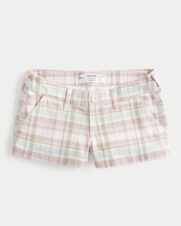 Ultra Low-Rise Twill Plaid Shortie Shorts, Light Pink Plaid view 1