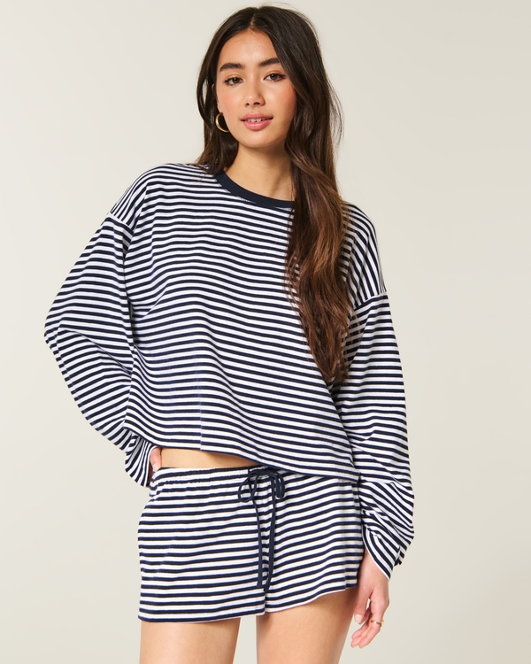 Pull-On Knit Striped Shorts, Navy Stripe view 1