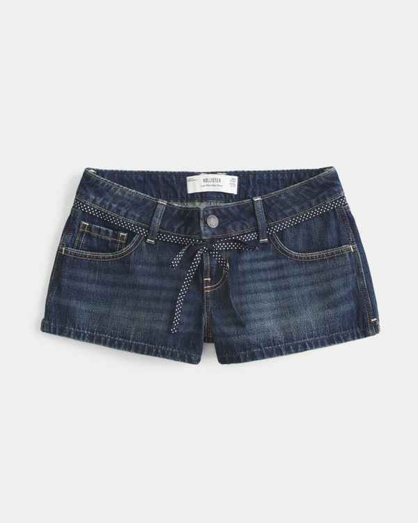 Low-Rise Tie Waist Mini Jean Shorts, Dark view 1