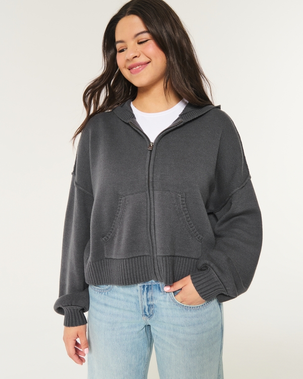 Boxy Crop Zip-Up Sweater Hoodie, Dark Grey