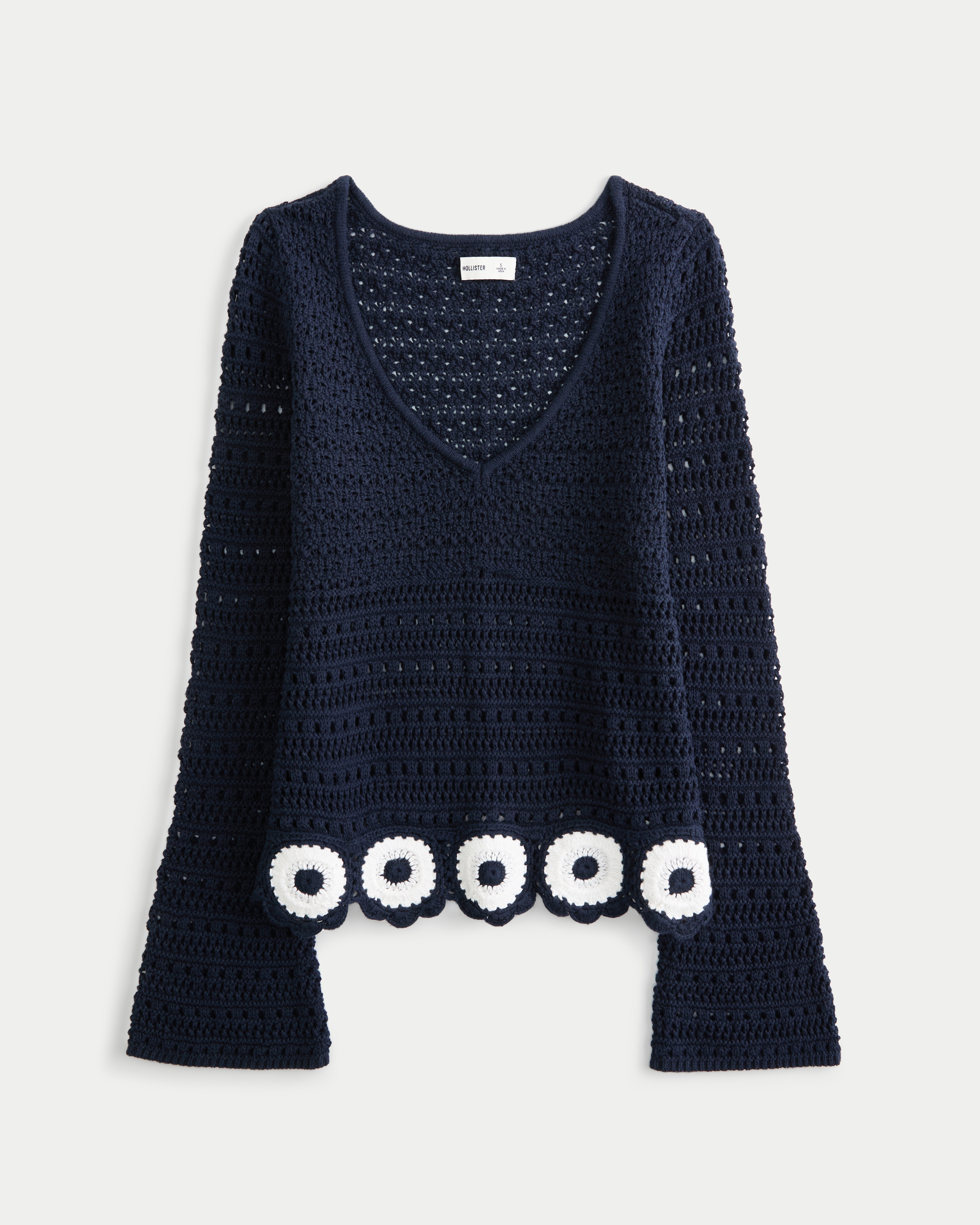 Crochet-Style V-Neck Sweater