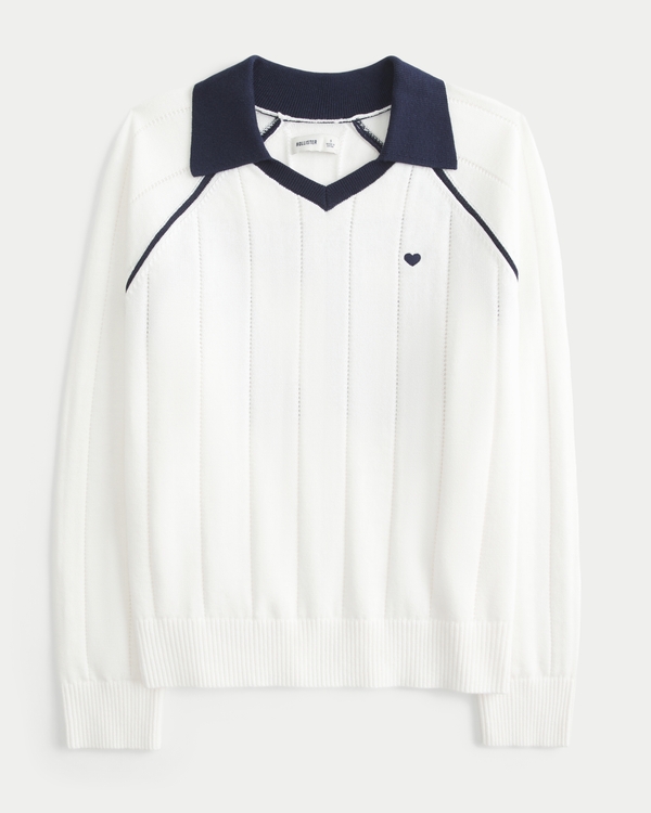 Easy Long-Sleeve Sweater Polo, Cloud White view 1