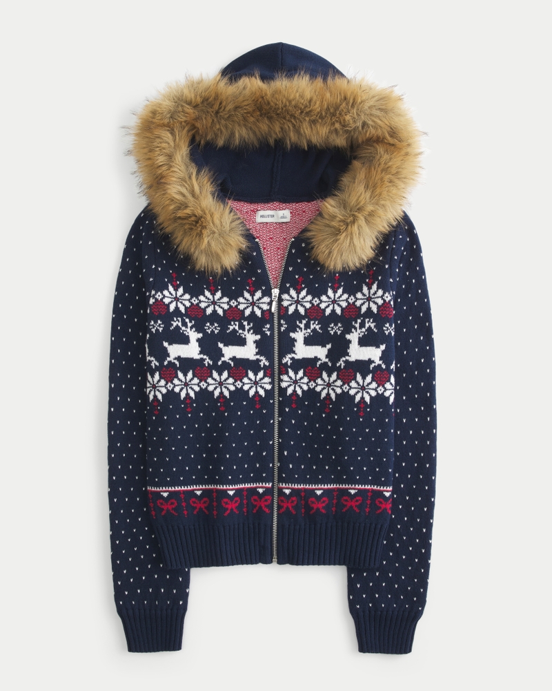Hooded Fair Isle Zip-Up Sweater