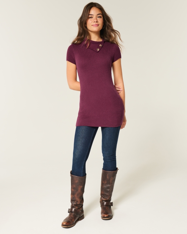 Short-Sleeve Tunic Sweater, Mulberry view 2