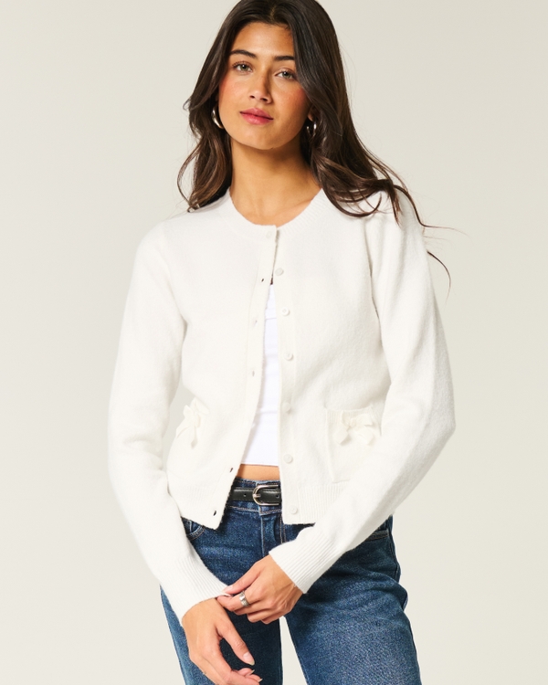 Hollister Comfy Cloud Easy Bow Pocket Cardigan, Cloud White view 1