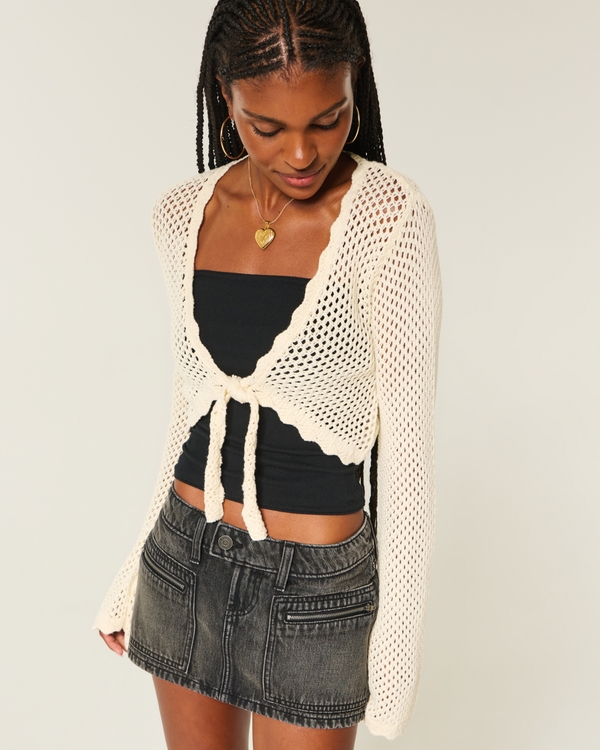Long-Sleeve Tie-Front Shrug, Beige view 1