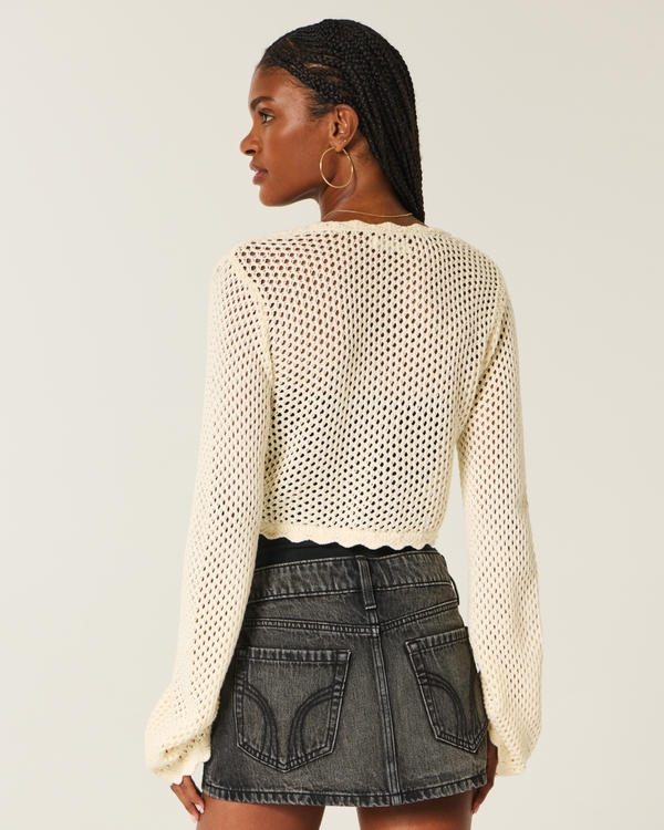 Long-Sleeve Tie-Front Shrug, Beige view 2