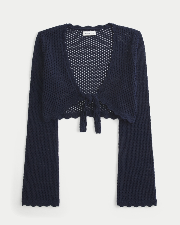 Long-Sleeve Tie-Front Shrug, Navy Blue view 1
