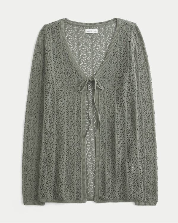 Easy Long-Sleeve Tie-Front Beachy Cardigan, Dark Olive view 1