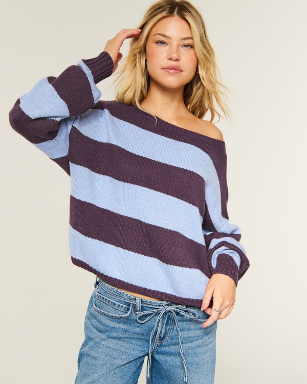 Easy Slouchy Off-the-Shoulder Sweater, Brown Stripe view 1