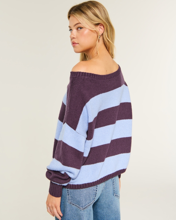 Easy Slouchy Off-the-Shoulder Sweater, Brown Stripe view 2