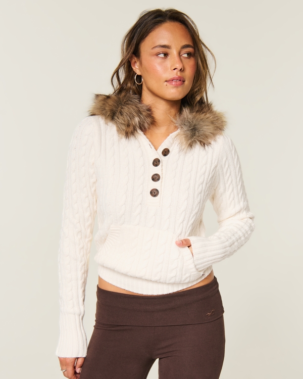 Faux Fur Trim Hooded Henley Sweater, White view 1
