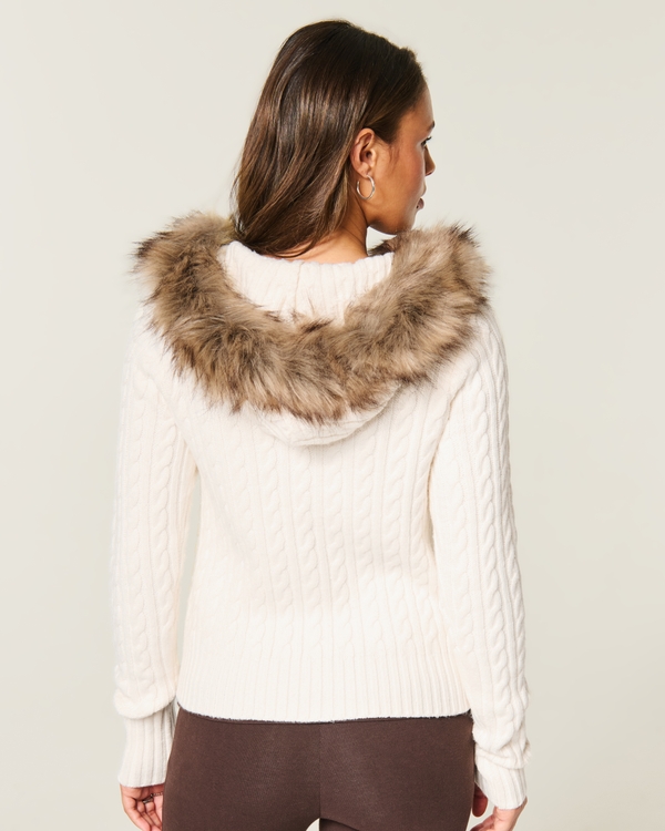 Faux Fur Trim Hooded Henley Sweater, White view 2