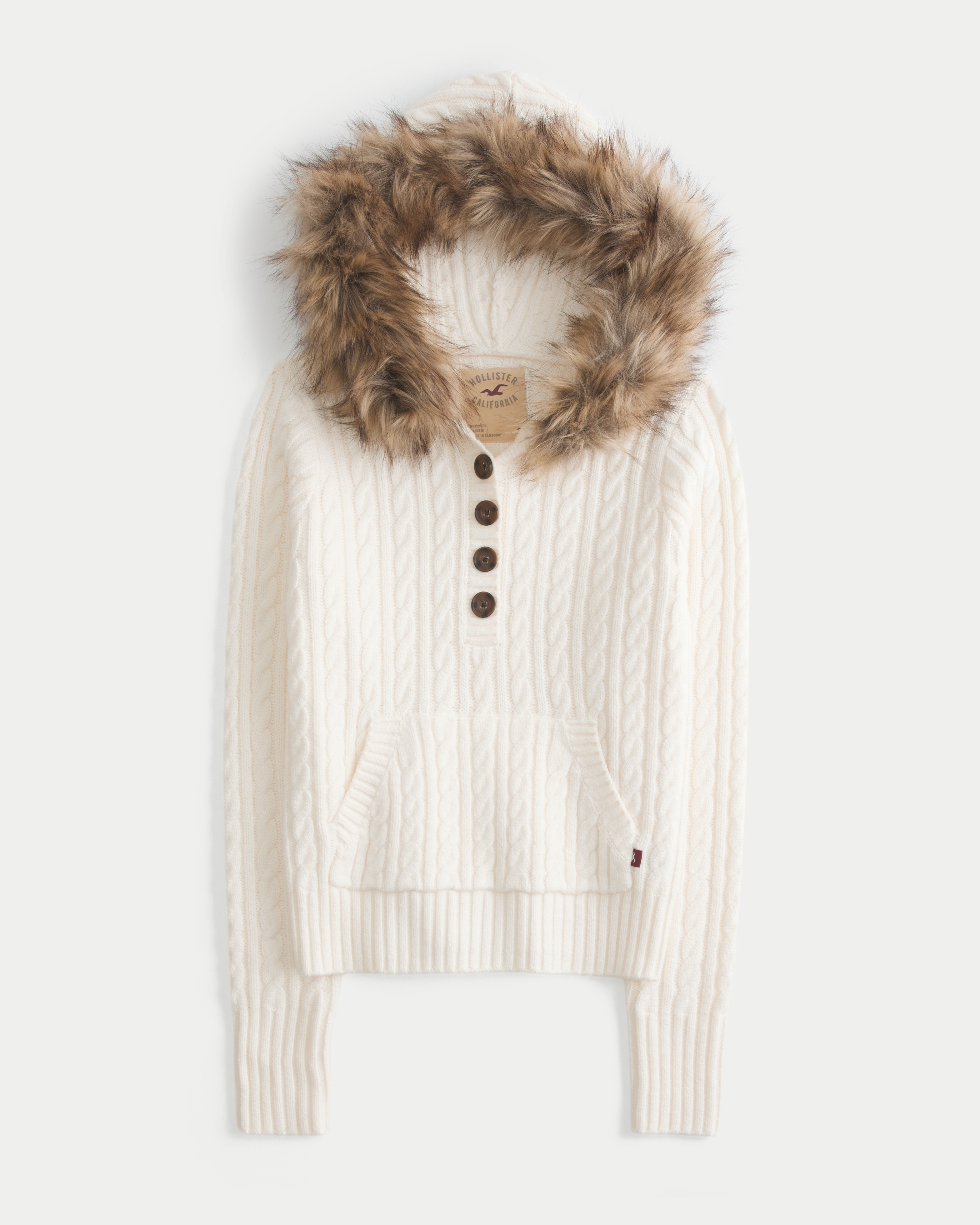 Faux Fur Trim Hooded Henley Sweater