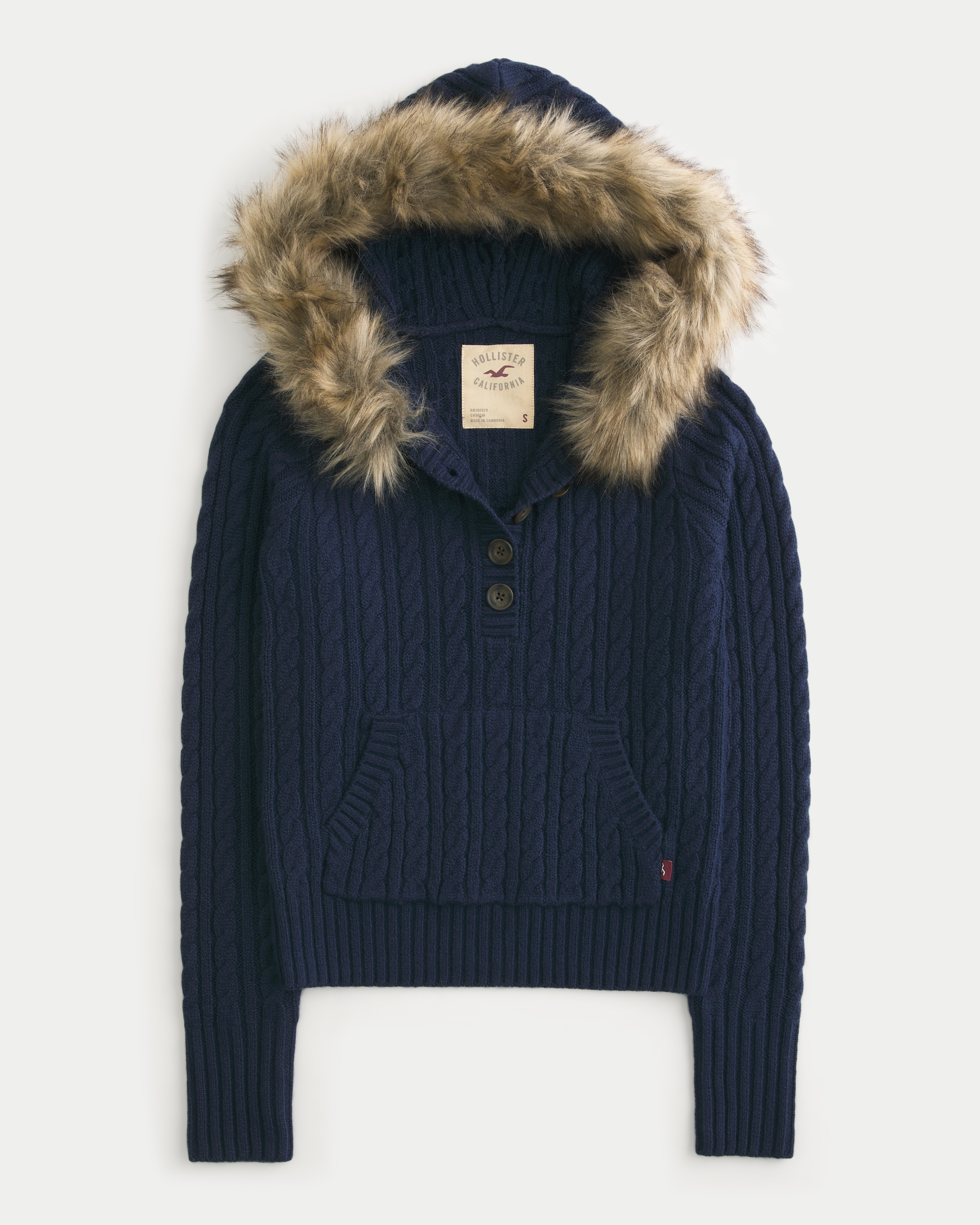 Faux Fur Trim Hooded Henley Sweater