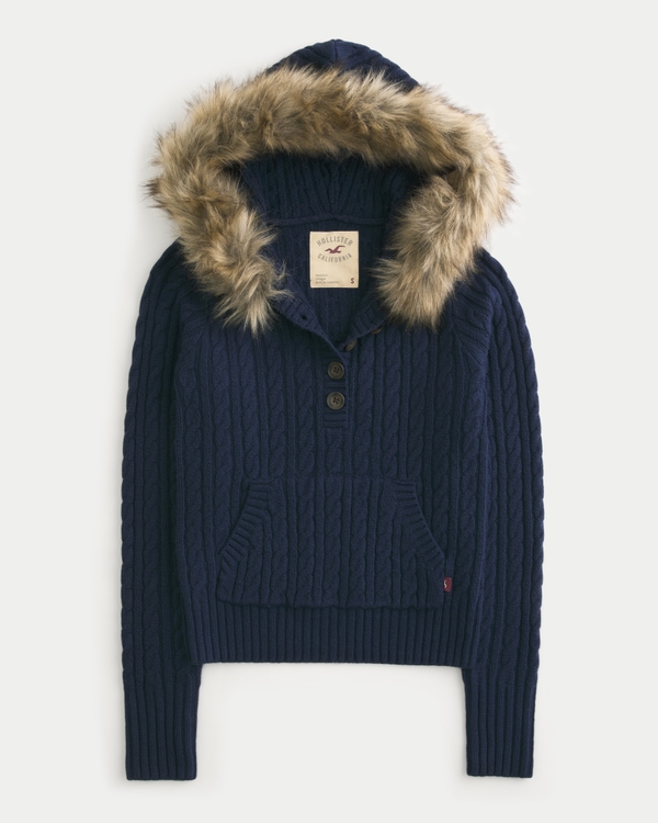 Faux Fur Trim Hooded Henley Sweater, Navy view 1