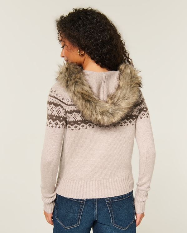 Faux Fur Trim Hooded Henley Sweater, Light Brown Pattern view 2