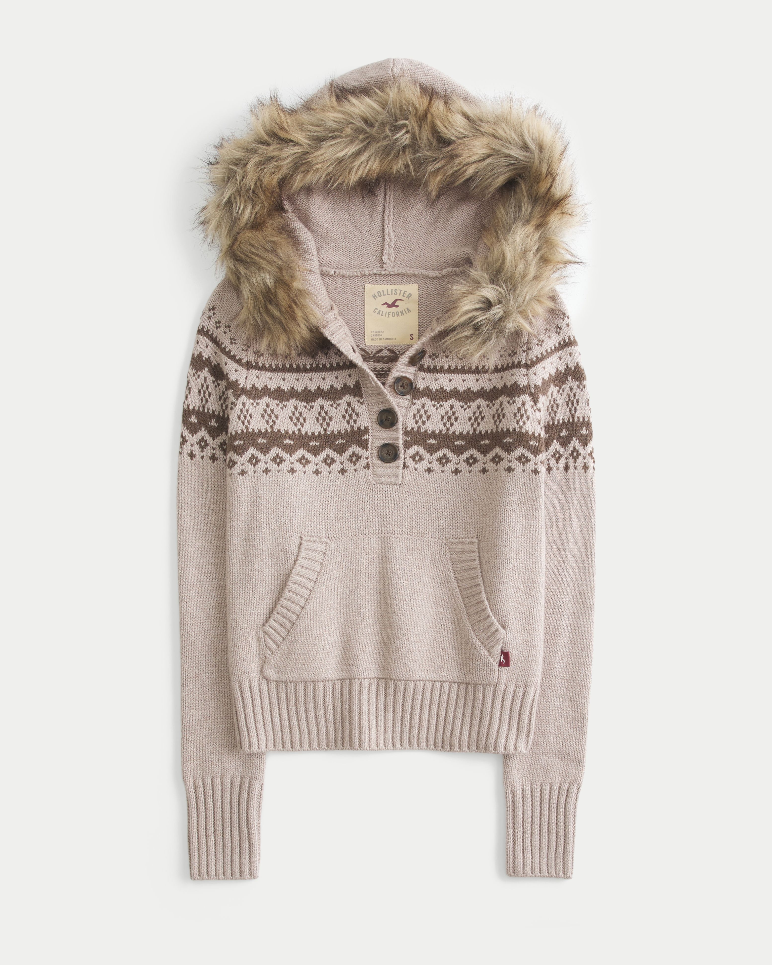 Faux Fur Trim Hooded Henley Sweater
